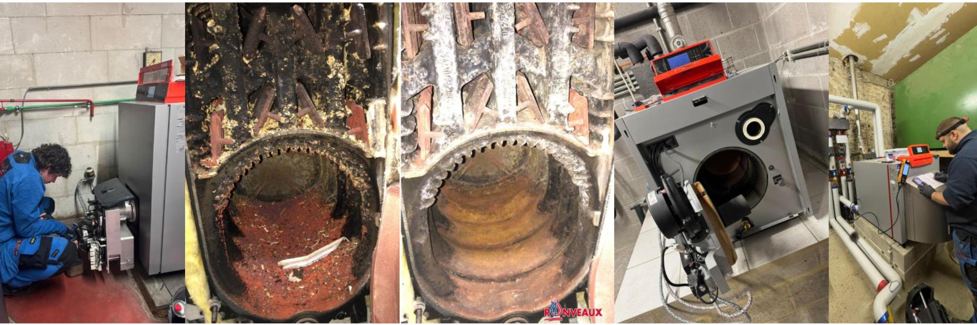 deux de nos techniciens qui entretiennent ou dépannent des chaudières et un avant après l'entretien de l'intérieur d'une chaudière 